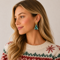 Seed Beaded Plaid Christmas Tree Earrings | Star Holiday Earrings