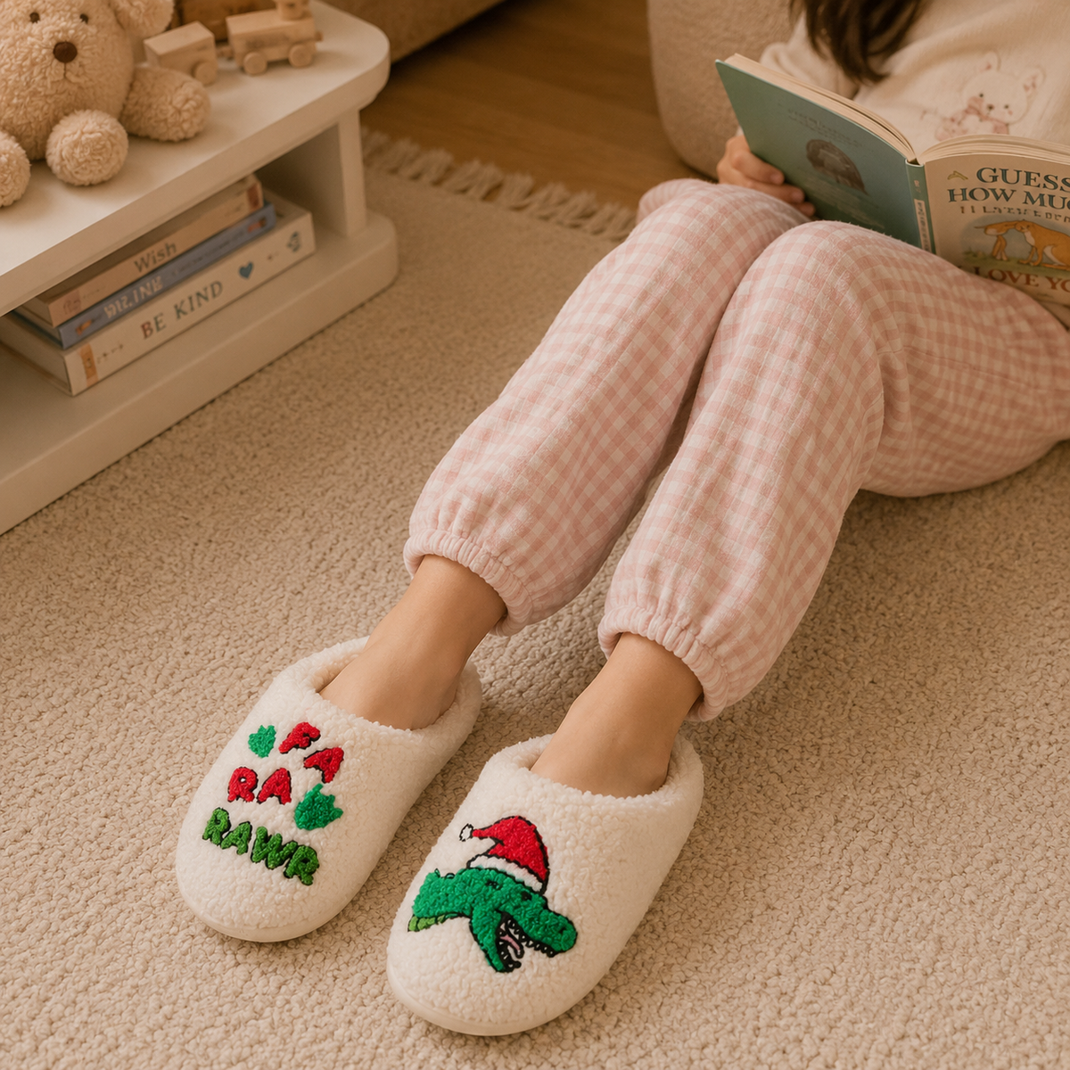 Kids Sherpa Dinosaur Christmas Slippers | Winter House Shoes