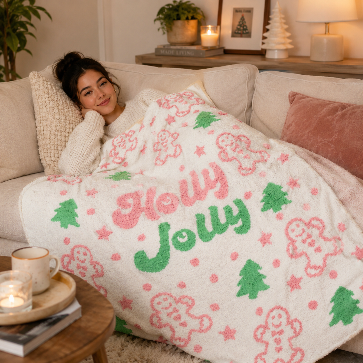 Terry Cloth Christmas Throw Blanket | Holly Jolly Pattern