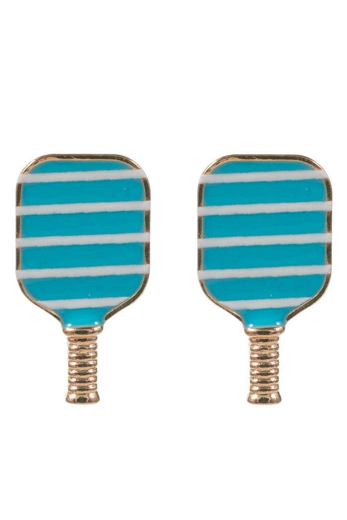 Pickleball Post Earrings for Women – Striped Enamel Paddle Design