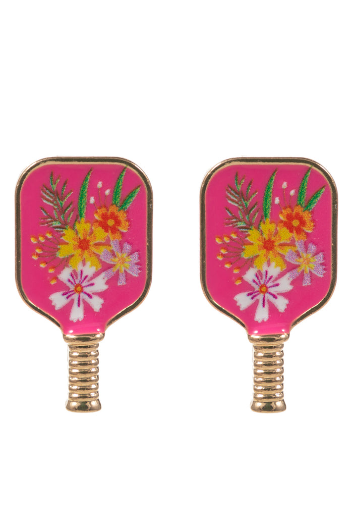 Floral Pickleball Paddle Post Earrings – Pink &amp; White | Enamel Sports Jewelry