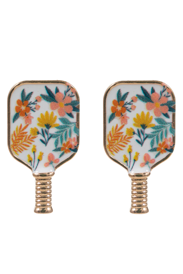 Floral Pickleball Paddle Post Earrings – Pink &amp; White | Enamel Sports Jewelry