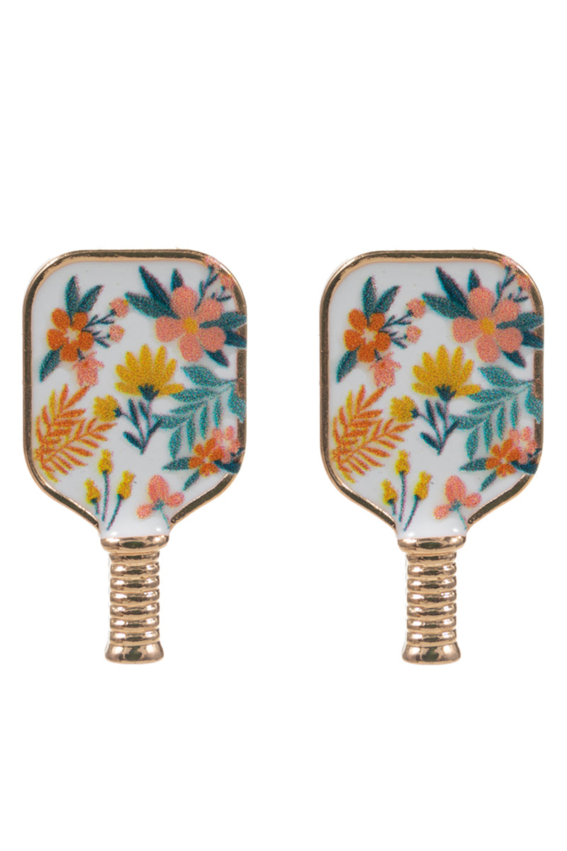 Floral Pickleball Paddle Post Earrings – Pink &amp; White | Enamel Sports Jewelry