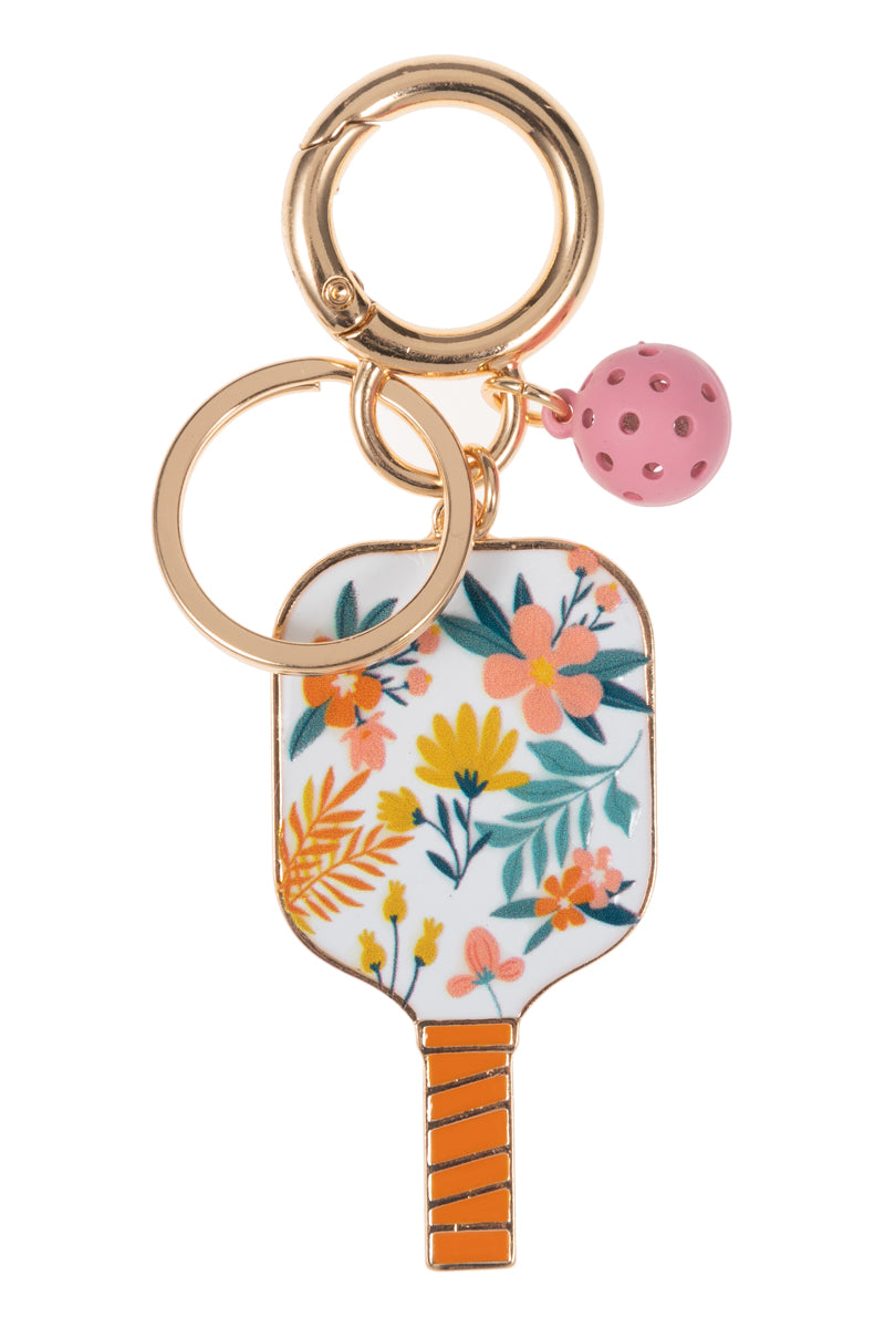 Floral Pickleball Paddle Keychain with Ball Charm – Cute Sports Bag & Key Accessory