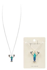 Lobster Pendant Necklace – Silver Tone Chain with Iridescent Stone Charm