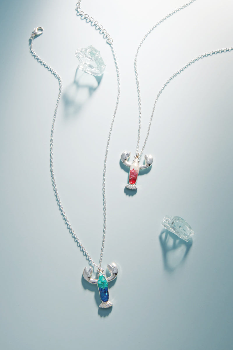 Lobster Pendant Necklace – Silver Tone Chain with Iridescent Stone Charm