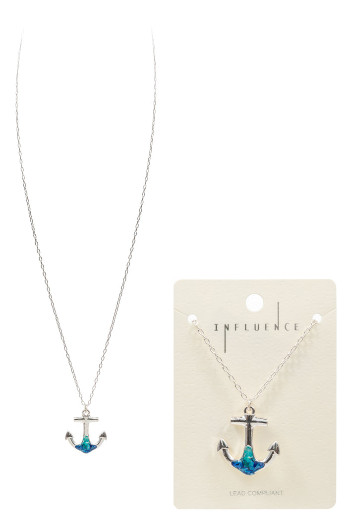 Anchor Crystal Pendant Necklace – Silver Chain Nautical Jewelry
