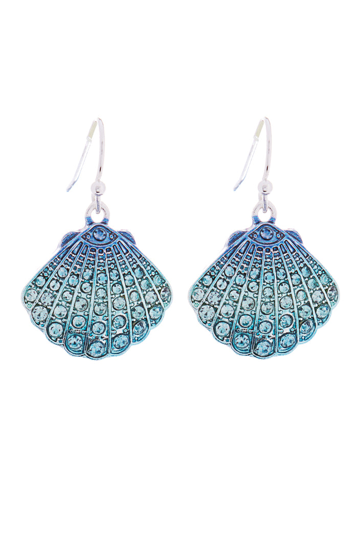Rhinestone Seashell Drop Earrings – Iridescent Crystal Shell Dangle Earrings