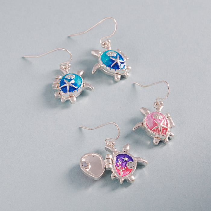 Sea Turtle Locket Drop Earrings with Opal-Style Inlay & Starfish Detail