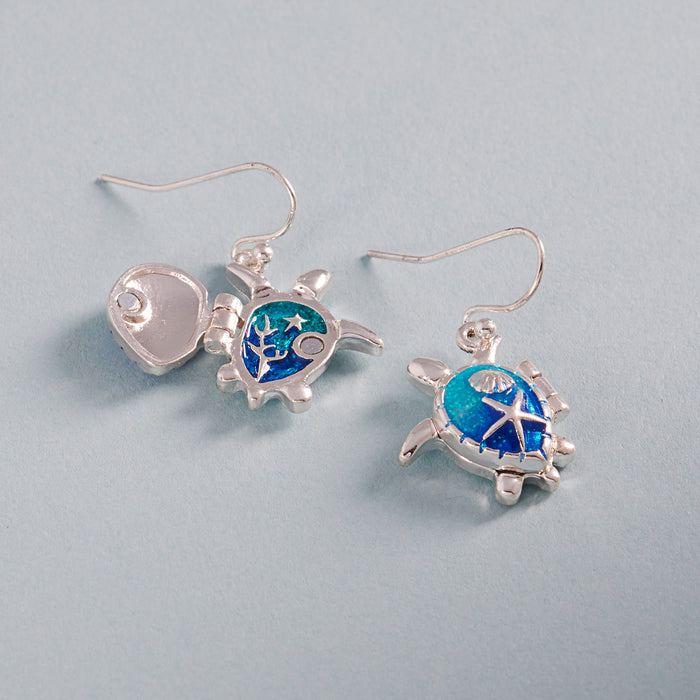 Sea Turtle Locket Drop Earrings with Opal-Style Inlay & Starfish Detail