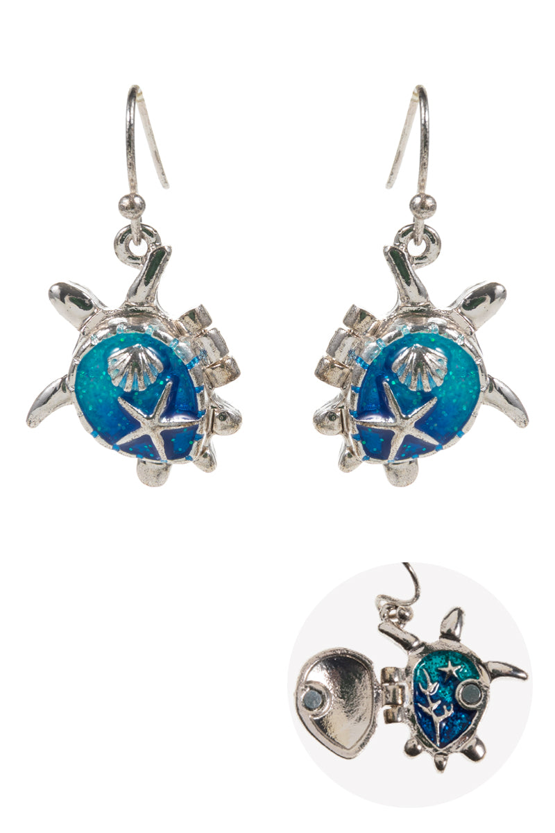 Sea Turtle Locket Drop Earrings with Opal-Style Inlay & Starfish Detail