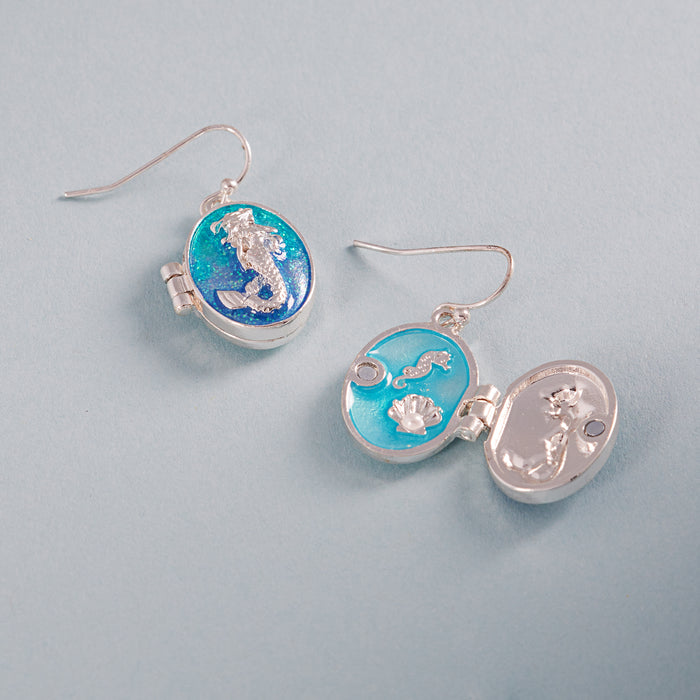 Seahorse Locket Drop Earrings – Ocean-Inspired Resin Jewelry with Hidden Charm