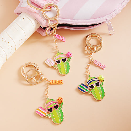Cactus Pickleball Keychain Charm with Sunglasses – Cute Sport Bag & Key Accessory