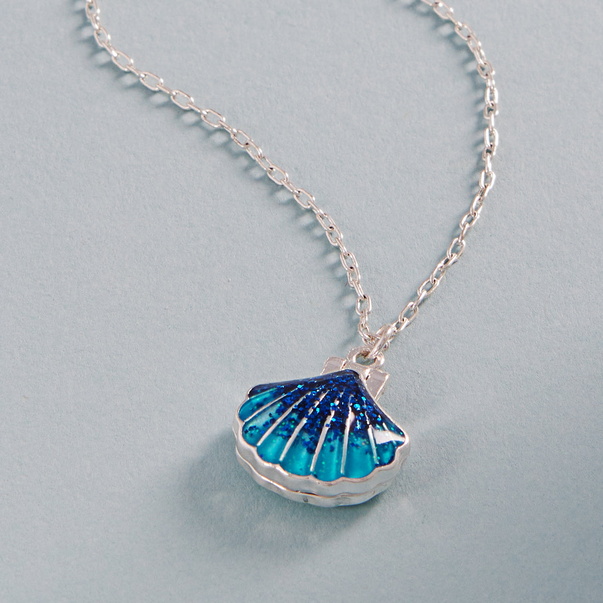 Seashell Locket Necklace with Blue Resin & Silver Chain – Ocean-Inspired Jewelry Gift