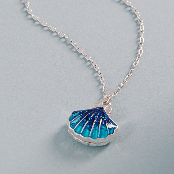 Seashell Locket Necklace with Blue Resin & Silver Chain – Ocean-Inspired Jewelry Gift