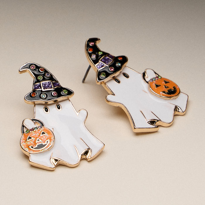Enamel Ghost Earrings with Witch Hat and Pumpkin