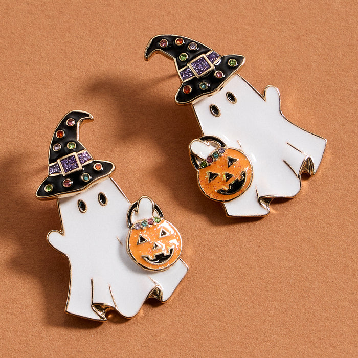 Enamel Ghost Earrings with Witch Hat and Pumpkin
