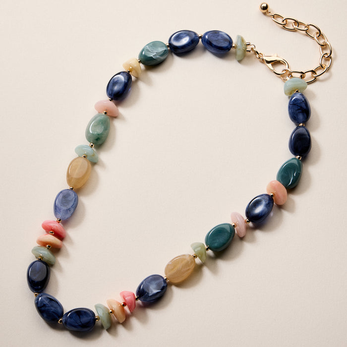 Organic Resin Bead Necklace – Colorful Chunky Beaded Statement Chain with Gold Accents, Adjustable Length