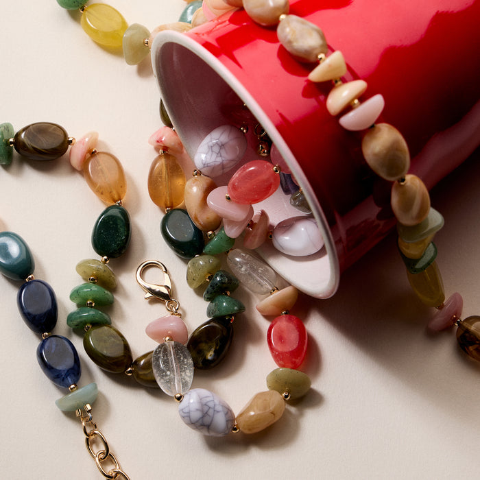 Organic Resin Bead Necklace – Colorful Chunky Beaded Statement Chain with Gold Accents, Adjustable Length