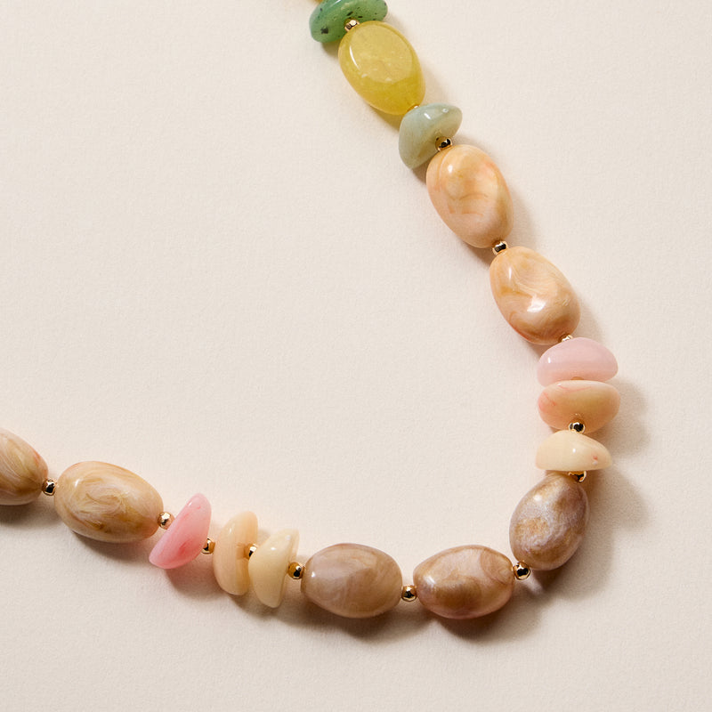 Organic Resin Bead Necklace – Colorful Chunky Beaded Statement Chain with Gold Accents, Adjustable Length