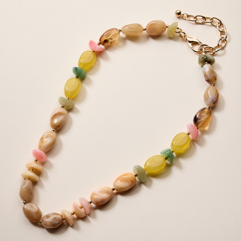 Organic Resin Bead Necklace – Colorful Chunky Beaded Statement Chain with Gold Accents, Adjustable Length