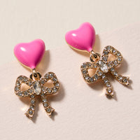 Heart & Bow Rhinestone Stud Earrings – Cute Valentine Drop Earrings