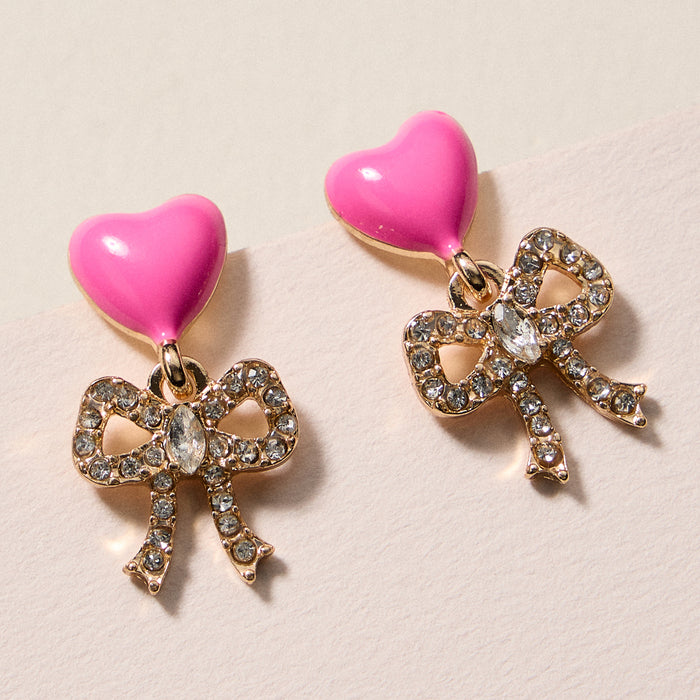 Heart & Bow Rhinestone Stud Earrings – Cute Valentine Drop Earrings