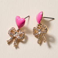 Heart & Bow Rhinestone Stud Earrings – Cute Valentine Drop Earrings