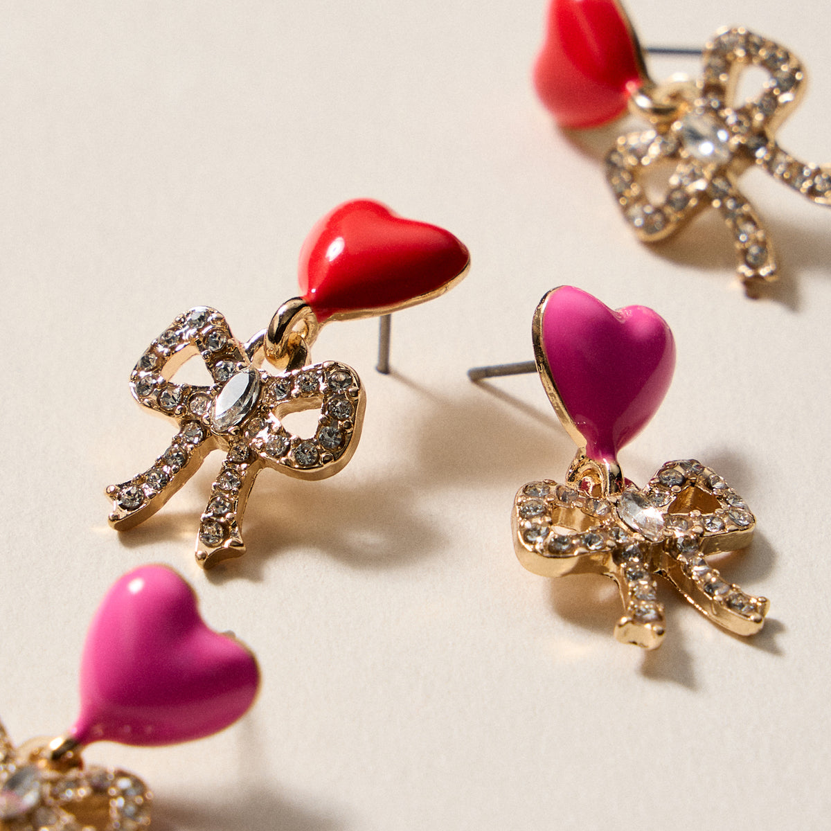 Heart & Bow Rhinestone Stud Earrings – Cute Valentine Drop Earrings
