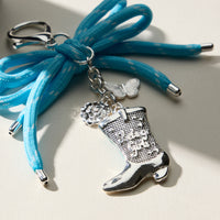 Western Boot Shaped Enamel Keychain with Blue Bow