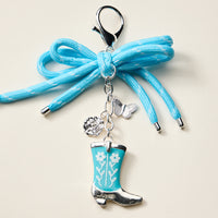 Western Boot Shaped Enamel Keychain with Blue Bow