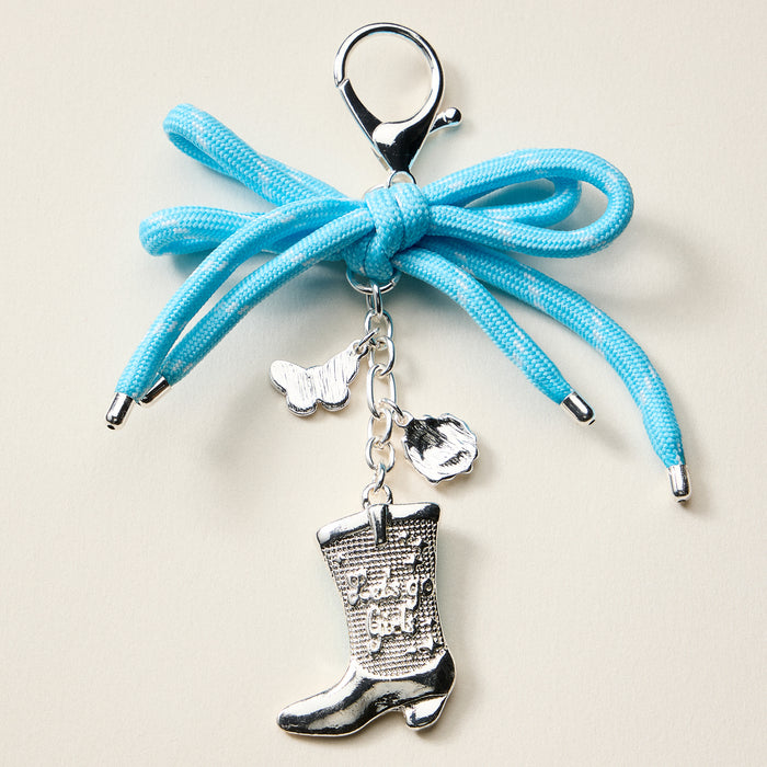 Western Boot Shaped Enamel Keychain with Blue Bow