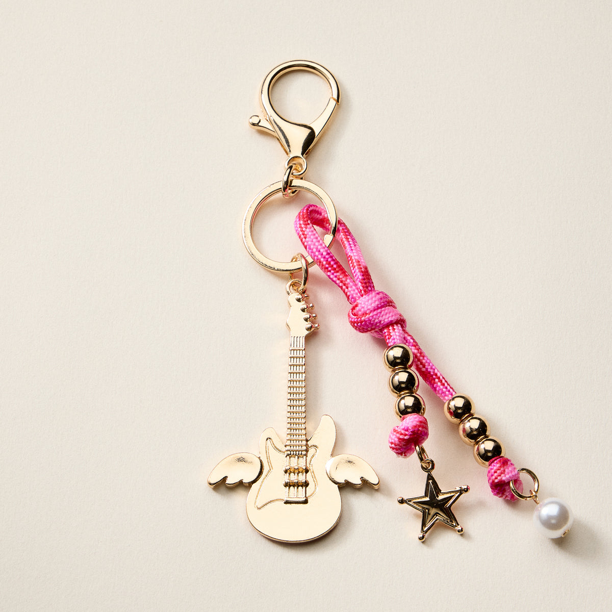 Angel Guitar Enamel Keychain with Star & Pearl Beads