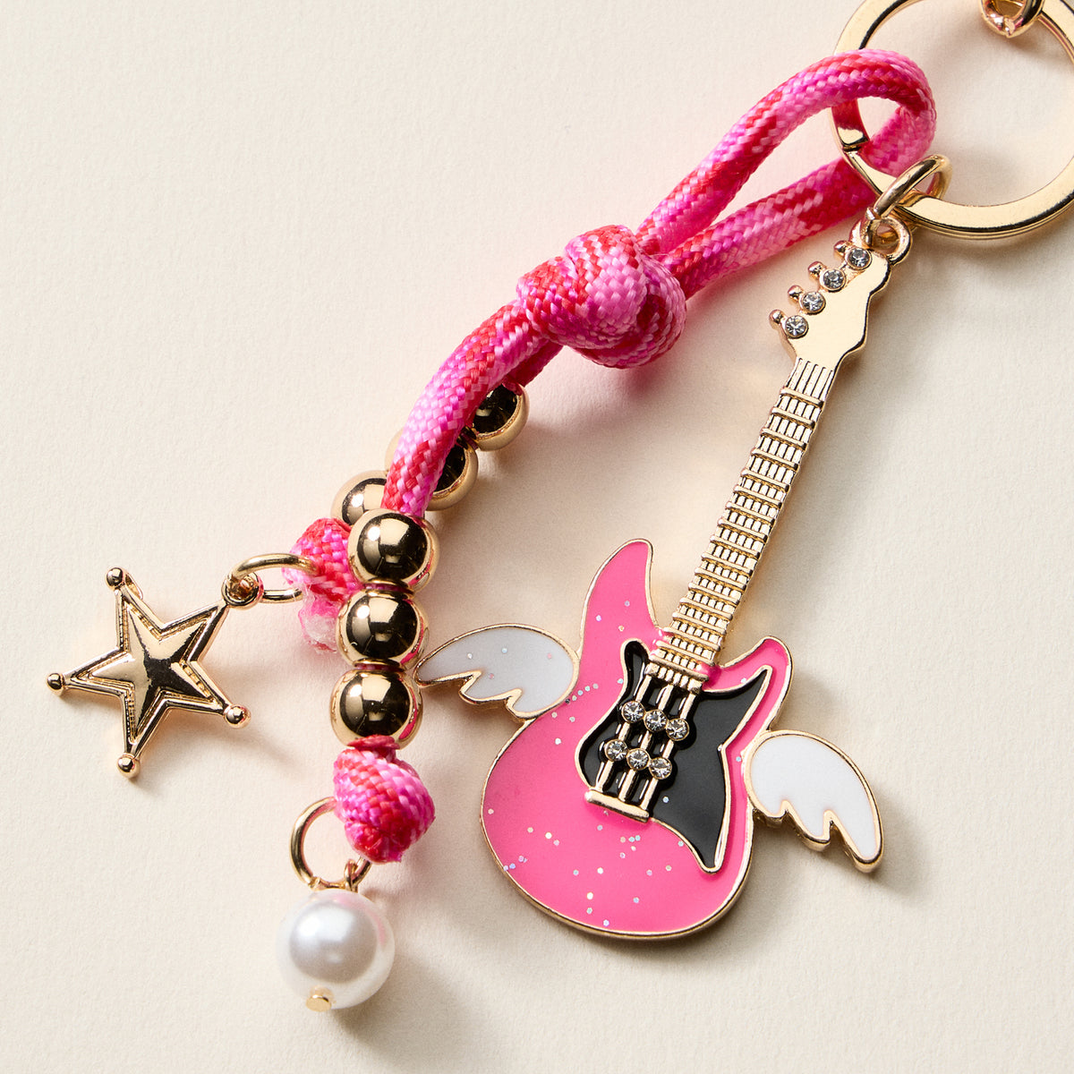 Angel Guitar Enamel Keychain with Star & Pearl Beads