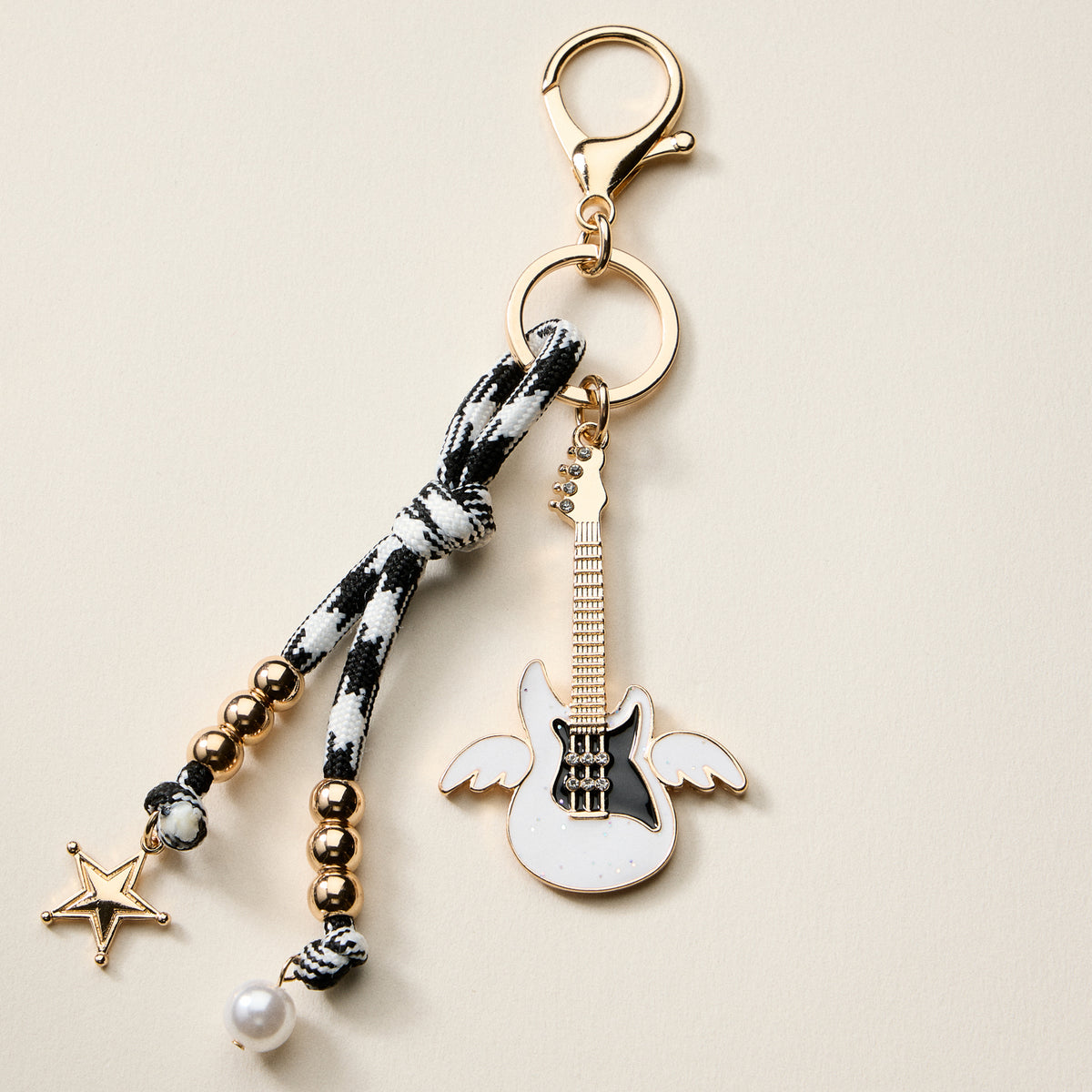 Angel Guitar Enamel Keychain with Star & Pearl Beads