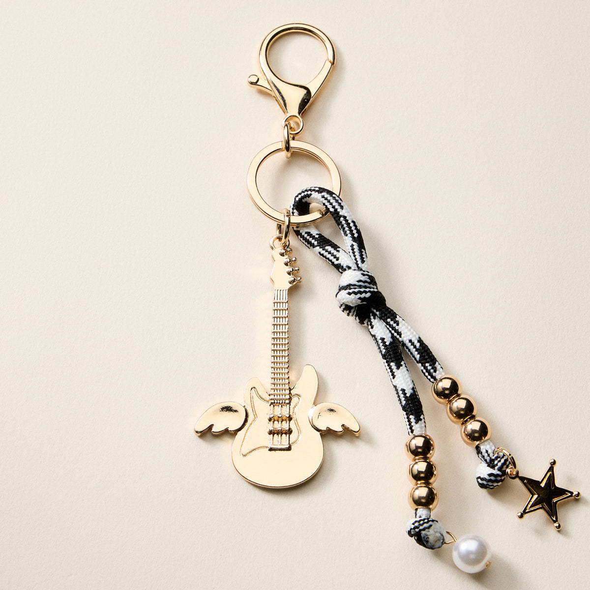 Angel Guitar Enamel Keychain with Star & Pearl Beads