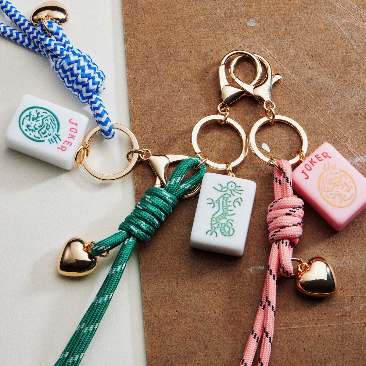 Mahjong Keychain with Heart Charm & Rope