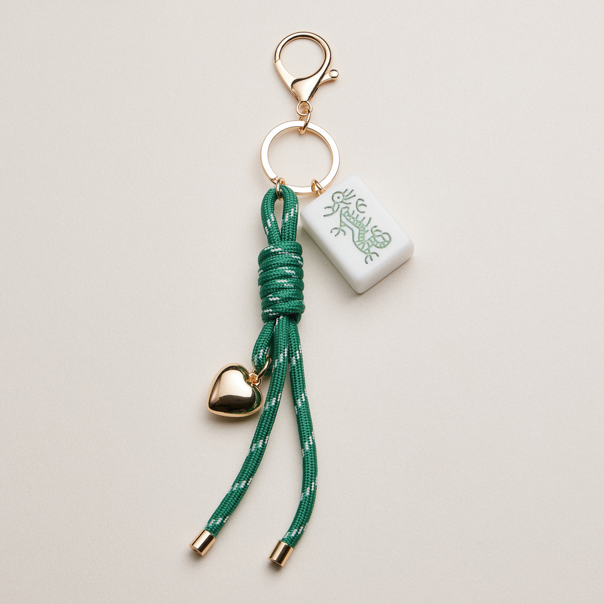 Mahjong Keychain with Heart Charm & Rope