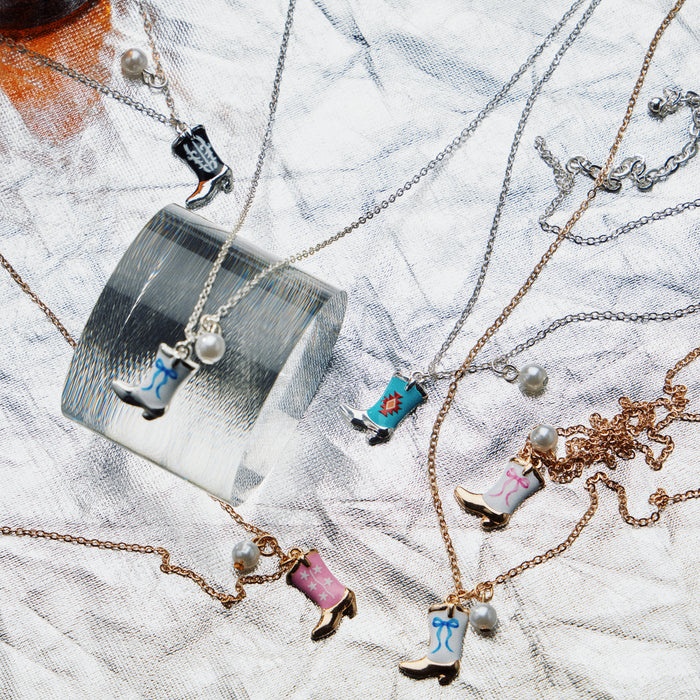 Boot Enamel Necklace – Cowboy Boot Pendant with Printed Detail & Pearl Accent
