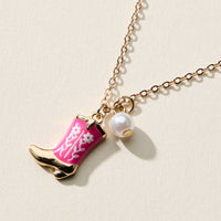 Boot Enamel Necklace – Cowboy Boot Pendant with Printed Detail & Pearl Accent