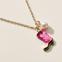 Boot Enamel Necklace – Cowboy Boot Pendant with Printed Detail & Pearl Accent
