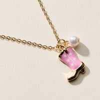 Boot Enamel Necklace – Cowboy Boot Pendant with Printed Detail & Pearl Accent