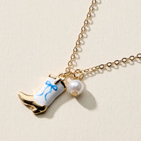 Boot Enamel Necklace – Cowboy Boot Pendant with Printed Detail & Pearl Accent