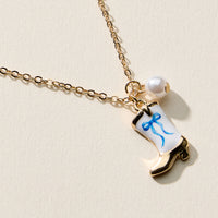 Boot Enamel Necklace – Cowboy Boot Pendant with Printed Detail & Pearl Accent