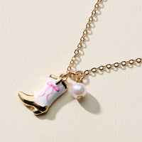 Boot Enamel Necklace – Cowboy Boot Pendant with Printed Detail & Pearl Accent