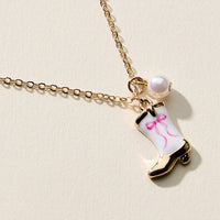 Boot Enamel Necklace – Cowboy Boot Pendant with Printed Detail & Pearl Accent