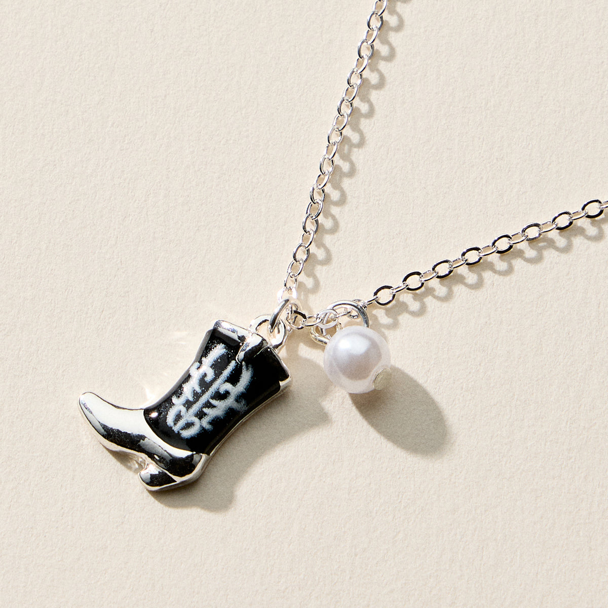 Boot Enamel Necklace – Cowboy Boot Pendant with Printed Detail & Pearl Accent