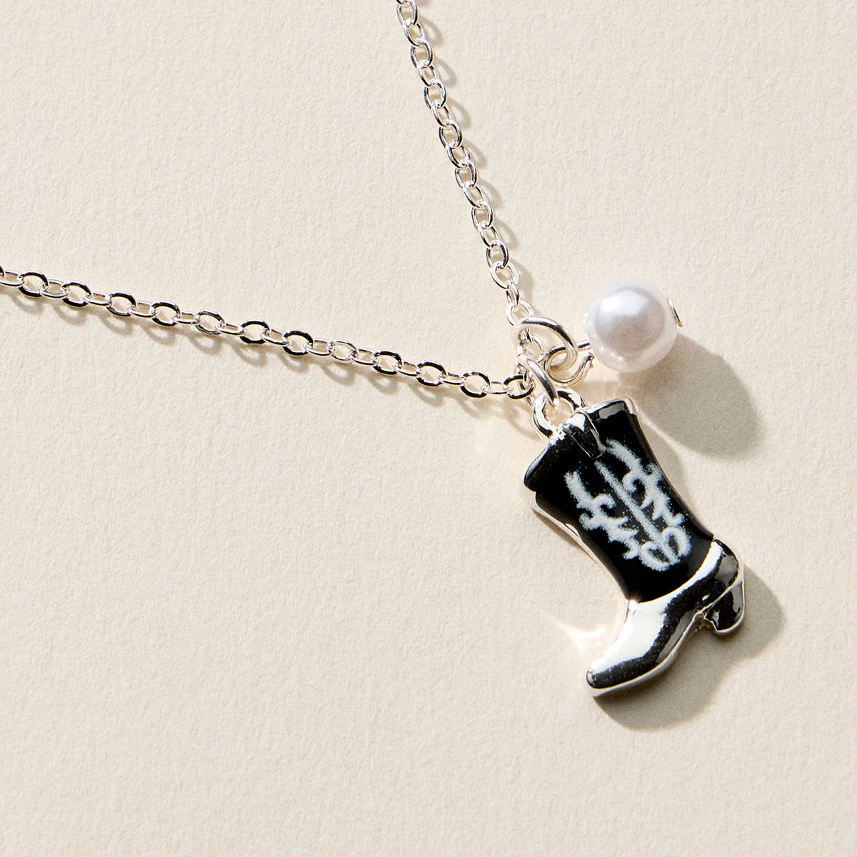 Boot Enamel Necklace – Cowboy Boot Pendant with Printed Detail & Pearl Accent