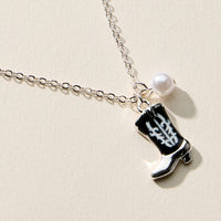Boot Enamel Necklace – Cowboy Boot Pendant with Printed Detail & Pearl Accent