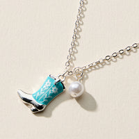 Boot Enamel Necklace – Cowboy Boot Pendant with Printed Detail & Pearl Accent